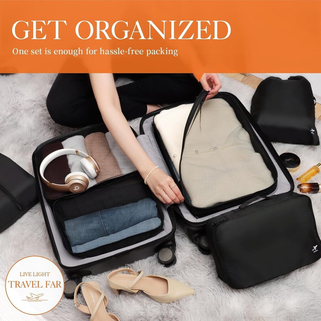 HOTOR Packing Cubes for Suitcases - 6 Pieces, Light Packing Cubes for Travel, Premium Suitcase Organizer Bags Set, Space-Saving Luggage Organizers for Suitcase, Water-Resistant Travel Essentials,Black