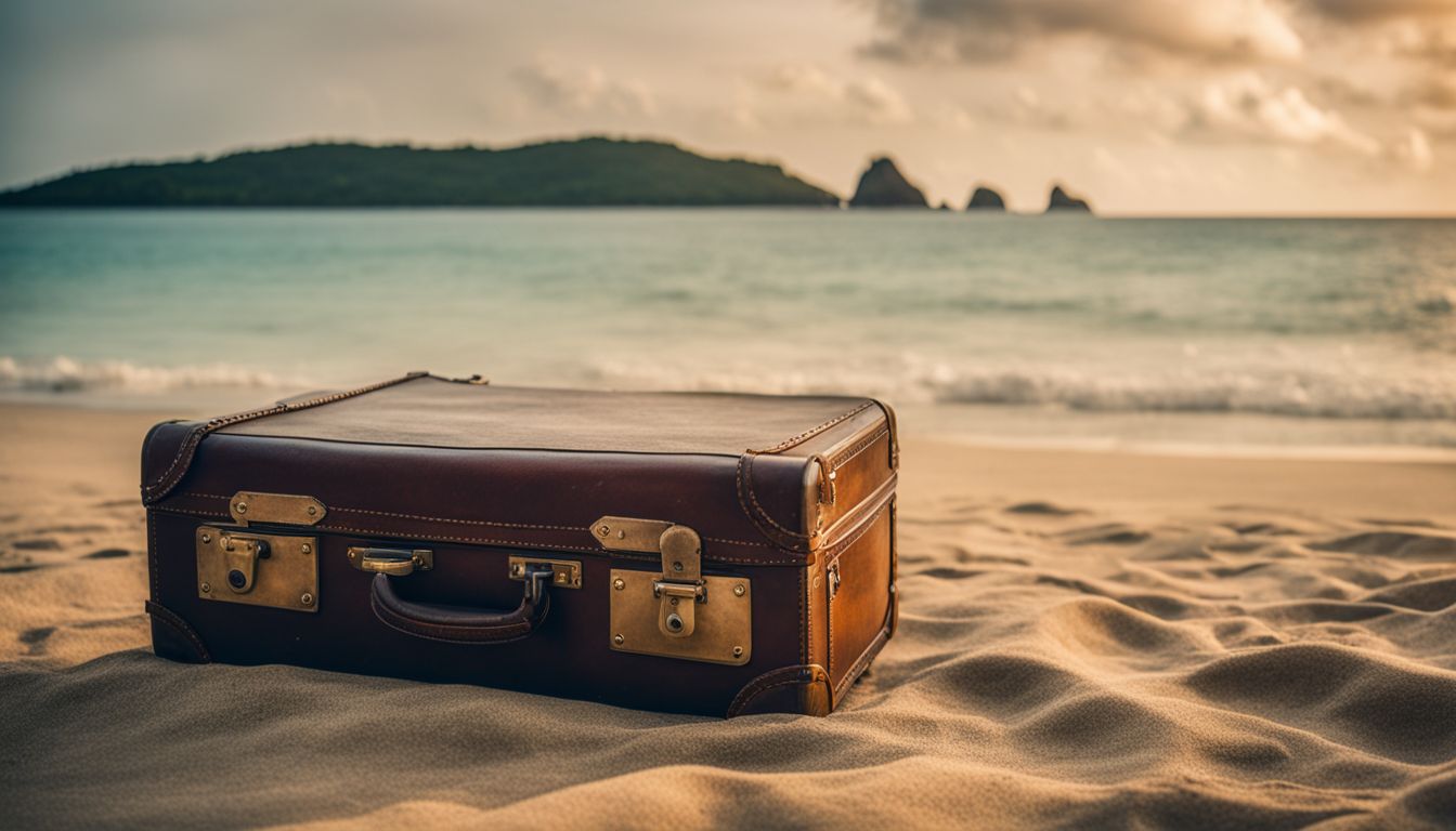 A vintage suitcase with a broken lock on a tropical beach.