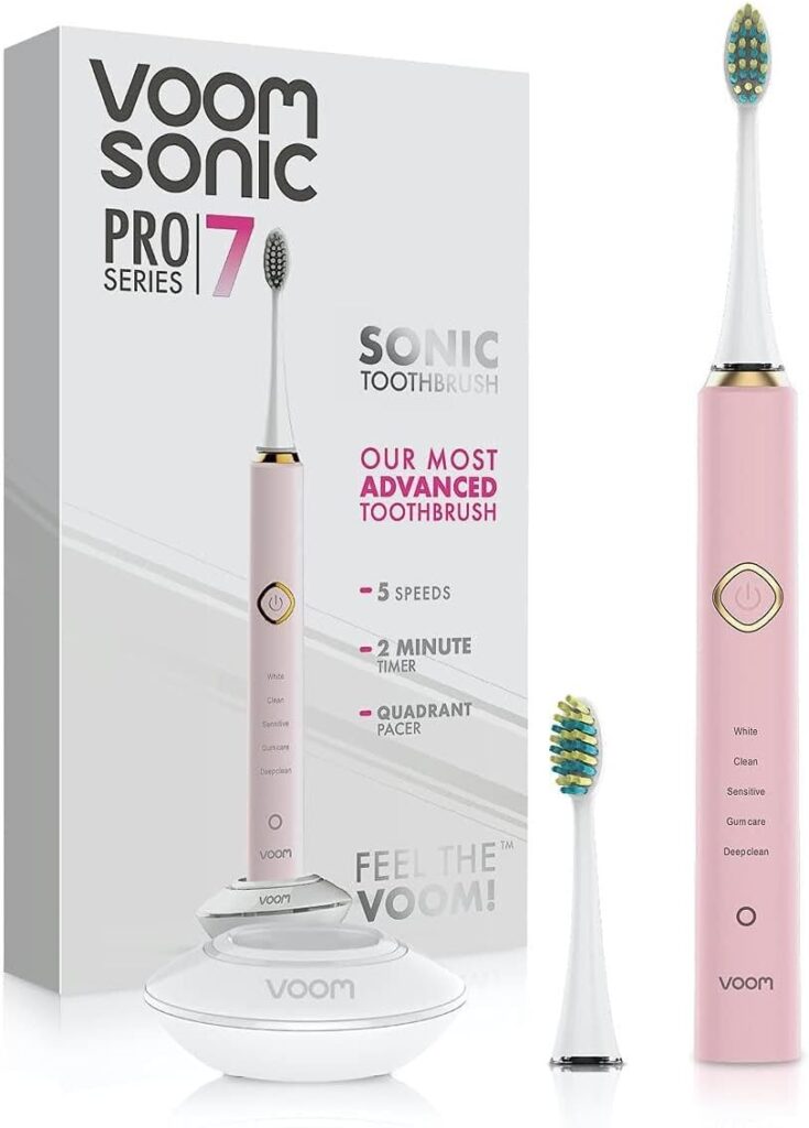 Voom Sonic Pro 7 Rechargeable Electronic Toothbrush With Most Advanced Oral Care Technology 2-Minute Timer with Quadrant Pacing 5 Adjustable Speeds Magnetic Levitation 100% Waterproof - Pink