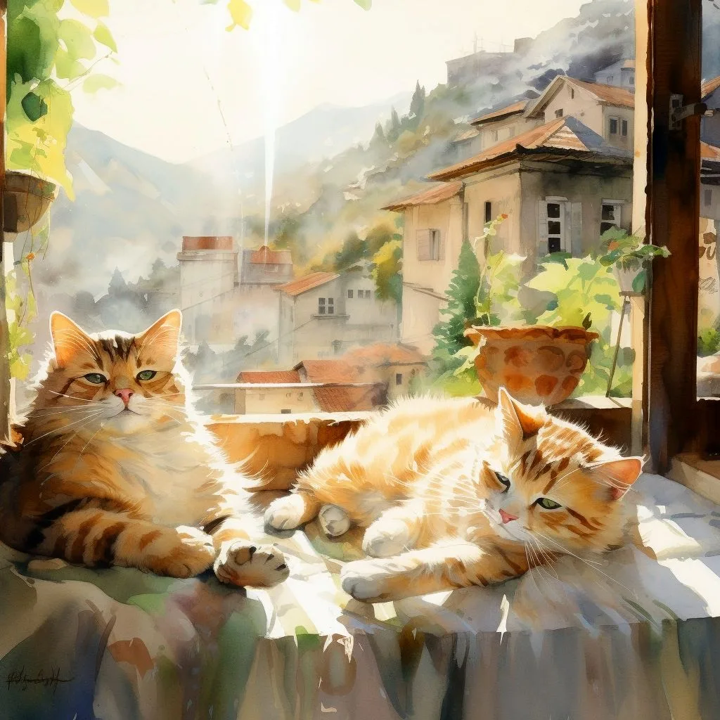 Kotar cat's museum. Two cats on a window ledge basking in the su. Watercolor.